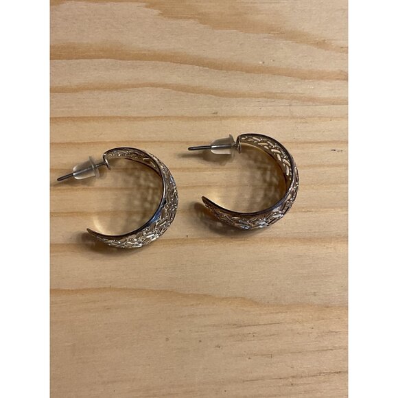 Vintage Silver Crescent Hoop Earrings With Intricate Cutout Design - Picture 4 of 5